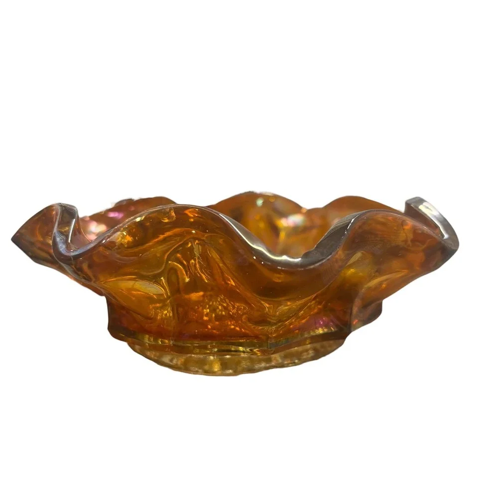Vintage Marigold‎ Carnival Glass Bowl Grape Cluster Ruffled Edge 6 Inch